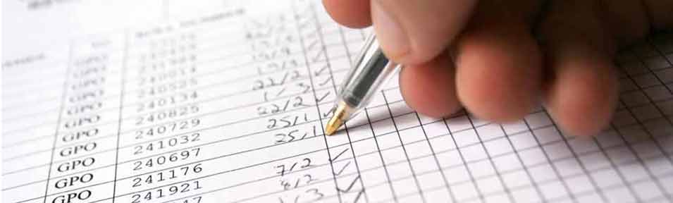 detail of a forensic accountant holding a pen and tabulating numbers