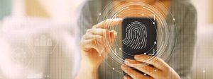 criminalist holding a phone with data and fingerprint graphics superimposed